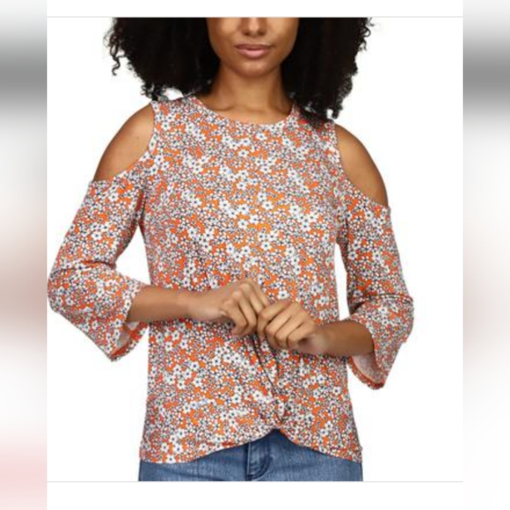 MICHAEL Michael Kors Floral Cold Shoulder Blouse - Orange and White